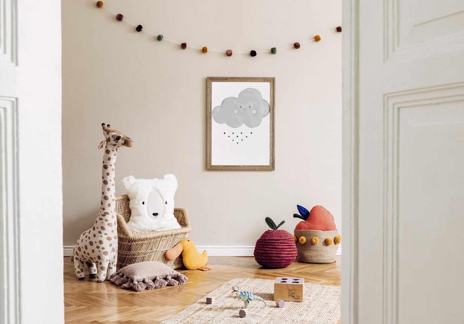 modern kids room with toys painted in tan